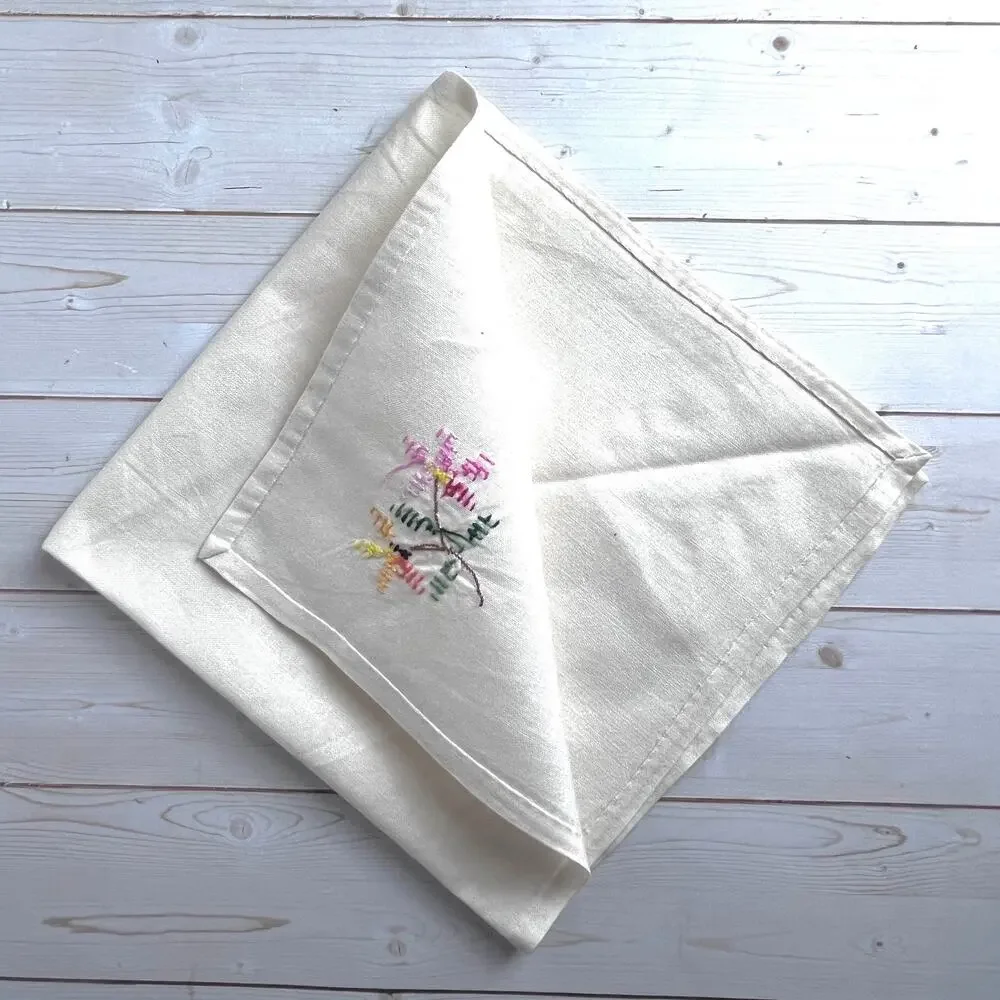Set of 7 Cloth Napkins Floral Cross Stitched Corner Design Cottage Country